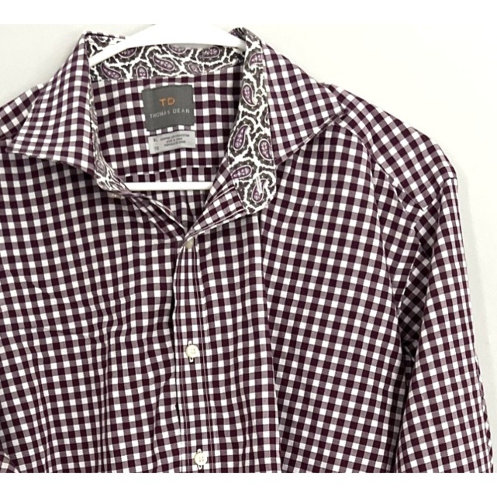 Thomas Dean Shirt Mens XL Check Button Down Paisley Trim Pima Cotton Flip Cuff